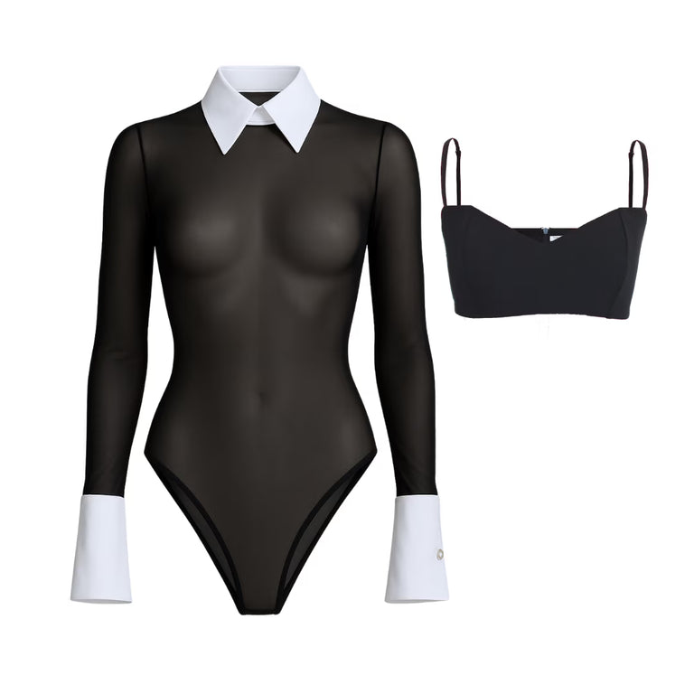 Tokyo Foxtrot Manhattan Mesh Bodysuit - ghost product view of the sheer black bodysuit with white collar and cuffs